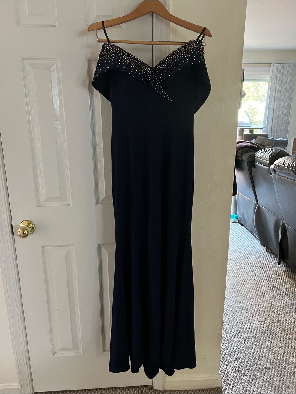 Xscape Navy Off the Sholder Evening Gown with Beaded Sweetheart Neckline